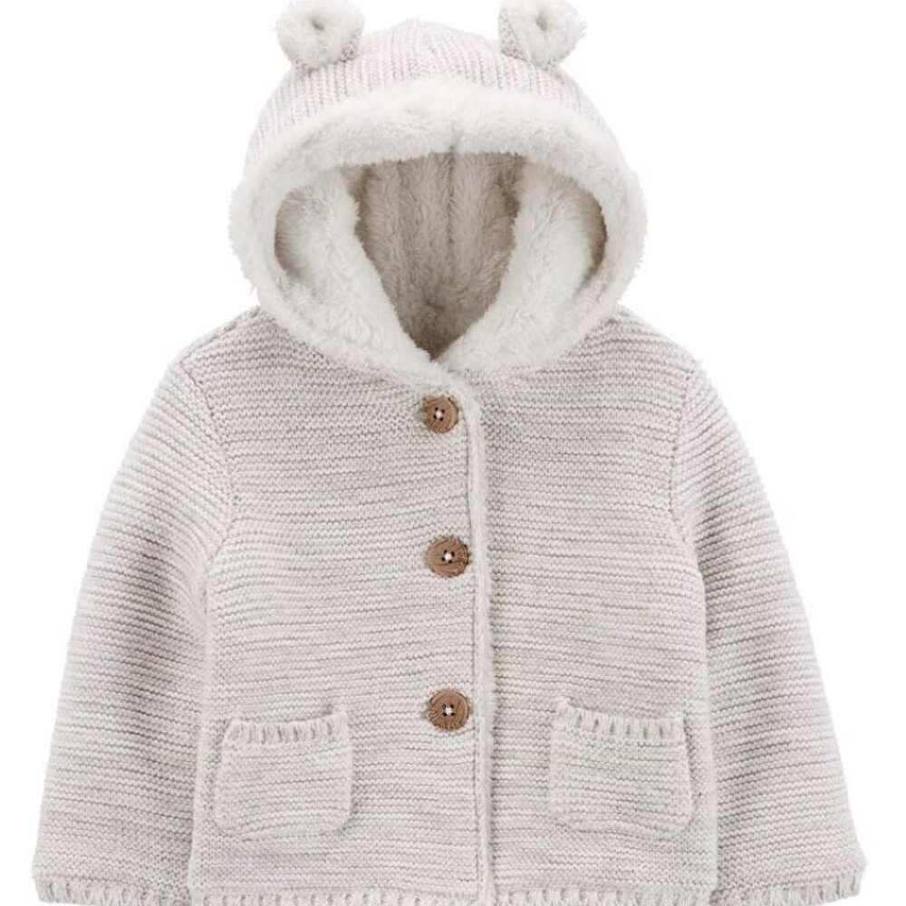 Carters Sweater 12 months Girls Beige Sherpa Lined Button Up Hooded Ears Toddler